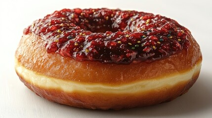 Close-up of a delicious jelly-filled donut topped with vibrant raspberry glaze