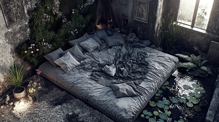 Serene bedroom with a bed nestled in a lush, indoor pond, surrounded by plants and a fireplace.