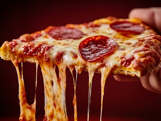 Close-up view of cheesy pepperoni pizza slice with melting cheese strings : Generative AI