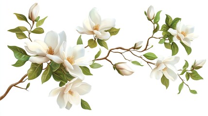 Magnolia Flower Tree Branch: Magnolia flower, magnolia tree branch, vector image, black line,