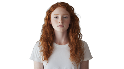 portrait of a red - haired girl with long hair in a white t - shirt on a transparent background, PNG image, PNG file, Generative art.