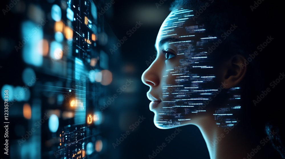 Aufkleber Futuristic Digital Interface with AI Face Analyzing Data Technology in High Definition : Generative AI