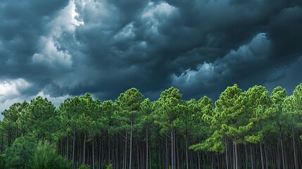 Obraz premium A dense forest under a dramatic sky filled with dark, ominous clouds.