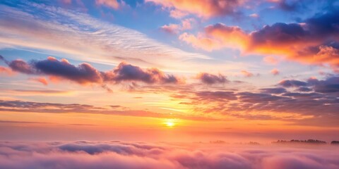 Obraz premium Soft pink hues of sunrise peeking through thin clouds on a serene morning sky