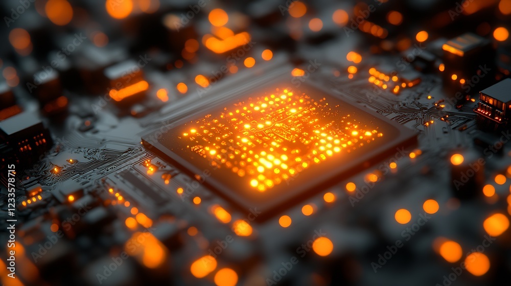 Poster Futuristic Circuit Board Closeup with Illuminated Microchip and Glowing Orange Lights : Generative AI