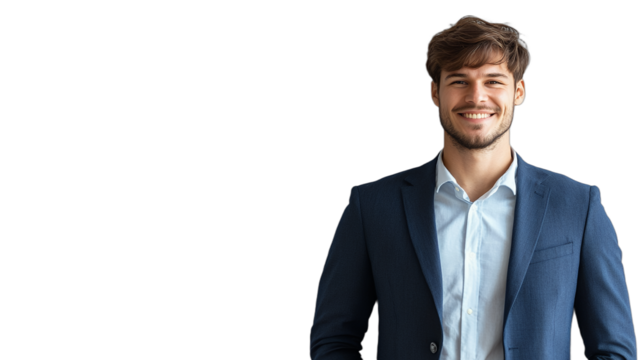 a young man wearing a blue suit, white shirt and tie, smiling at the camera PNG image, PNG file, Generative art.