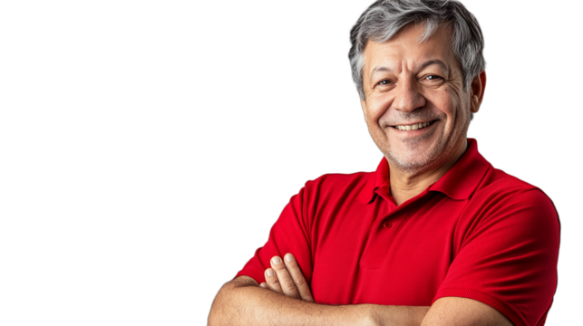 a picture of an older man in a red shirt with his arms crossed PNG image, PNG file, Generative art. - Powered by Adobe