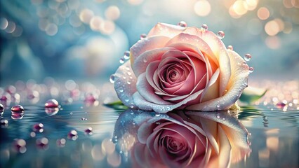 A delicate rose petal with tiny drops of water glistening on its surface, forming a miniature mirror effect, floral motif, nature still life