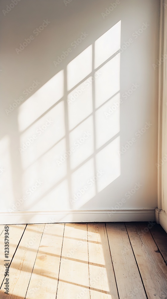 Poster minimalist interior with sunlight casting geometric patterns on wooden floor and blank wall : genera