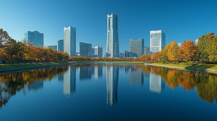 Fototapeta premium Autumnal Yokohama skyline reflected in calm waters