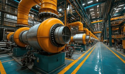 Industrial facility with large yellow pipes and machinery for processing or manufacturing.