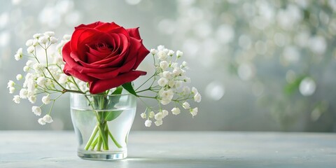 Fototapeta premium A delicate red rose surrounded by a cluster of white flowers in a elegant glass vase , pink, roses, pink