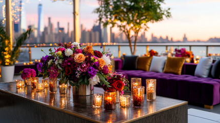 stunning rooftop wedding setup featuring vibrant floral arrangements, elegant candles, and breathtaking city skyline view at sunset. atmosphere is romantic and chic