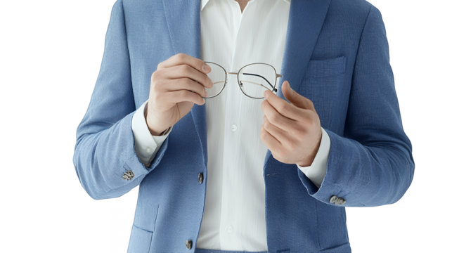 a young man in a blue suit holding his glasses in his hands PNG image, PNG file, Generative art. - Powered by Adobe