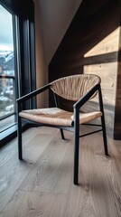 Naklejka premium Modern Rattan Chair Contemporary Interior Design Wooden Floor Stylish Home Decor