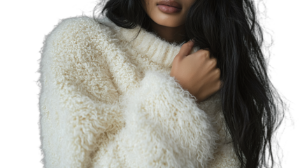 a young woman wearing a white fur coat poses for a portrait on a transparent background, PNG image, PNG file, Generative art.