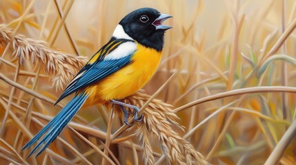 Vibrant bird perched on golden wheat