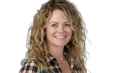 a young woman with blonde hair and a plaid shirt poses for a portrait against a transparent background, PNG image, PNG file, Generative art.