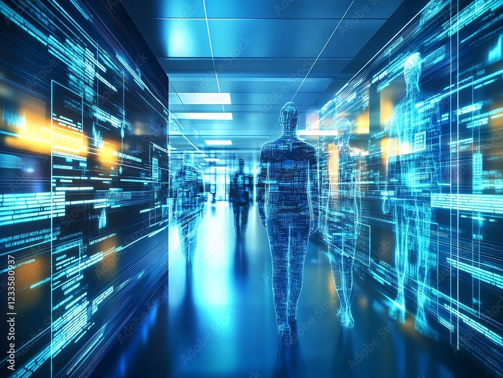 Poster Innovative Blue Digital Human Figures in a Tech-Driven Corridor with Data Streams : Generative AI