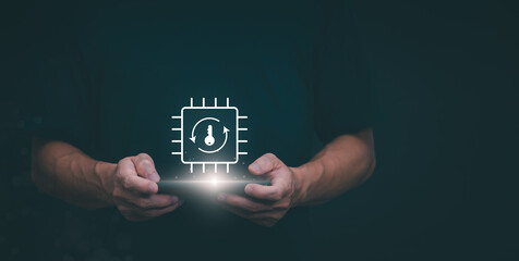 Person showing protection system In order to screen or prevent attacks from cyber, hackers, the concept of managing systems to be safe. digital transformation Internet of Things, Data Storage