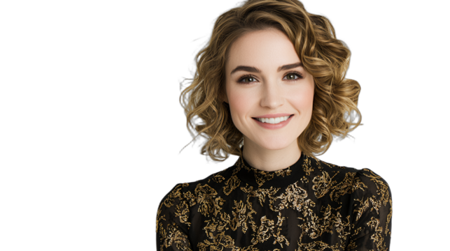 beautiful young woman with curly hair posing in black dress on transparent background, photo PNG image, PNG file, Generative art.