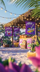 Fototapeta premium Tropical Beach Market at Sunset with Decorative Lights and Vibrant Flowers