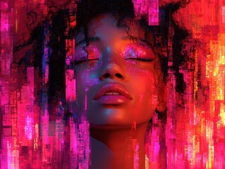 A vibrant, digital portrait of a woman with abstract, colorful effects.