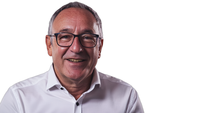 a portrait of an older man wearing glasses and a white shirt against a transparent background, PNG image, PNG file, Generative art.