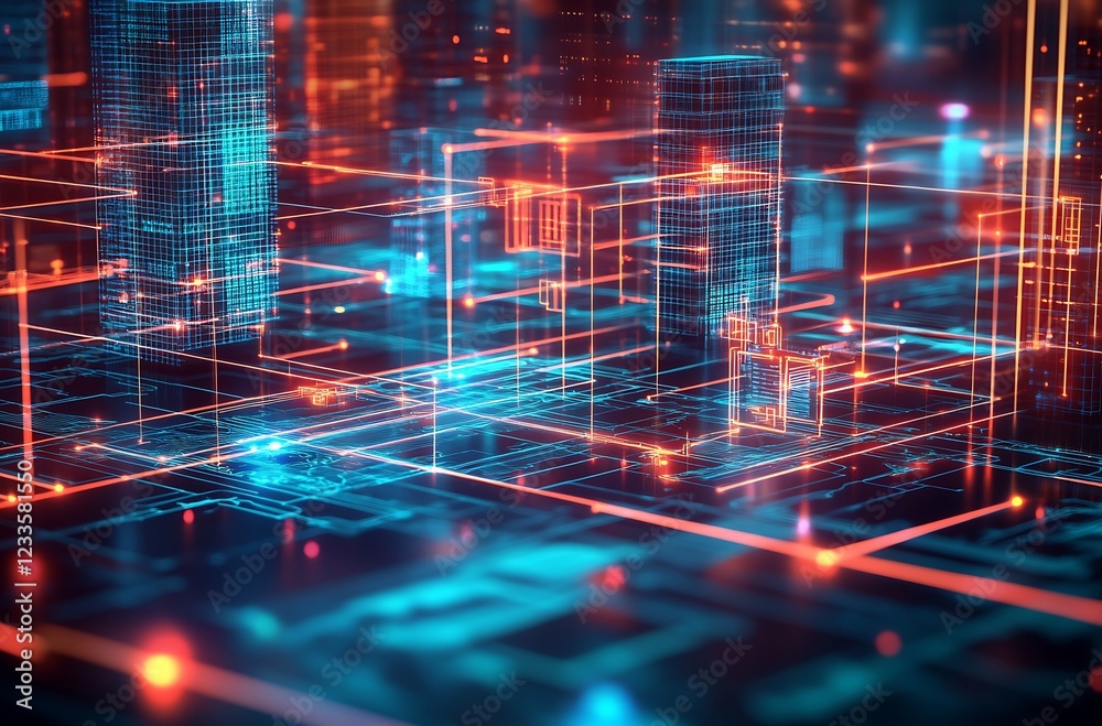 Poster Abstract Virtual Reality Cyber Cityscape with Neon Light Network Design : Generative AI