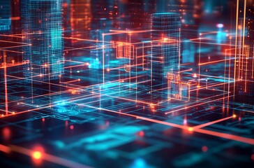 Obraz premium Abstract Virtual Reality Cyber Cityscape with Neon Light Network Design : Generative AI