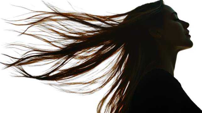 profile of a young woman with long red hair blowing in the wind on a transparent background, PNG image, PNG file, Generative art. - Powered by Adobe