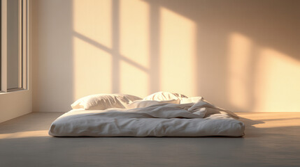 A minimalist bedroom scene featuring a simple floor bed with cozy white sheets, warmly illuminated by soft daylight