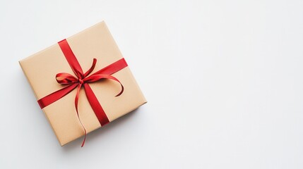 Wrapped gift with red ribbon on white background.