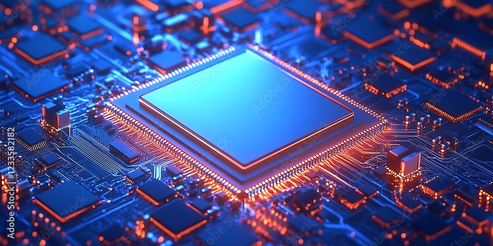 Aufkleber Advanced Circuit Board with Blue and Orange Illuminated Microchip Graphics : Generative AI