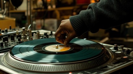 Close-up of a hand dropping a vinyl record onto a turntable.