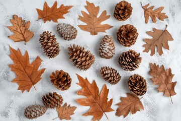 Autumnal arrangement of pine cones and oak leaves on a textured surface.
