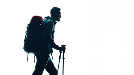 a silhouette of a man with a backpack holding a cane in the dark PNG image, PNG file, Generative art.