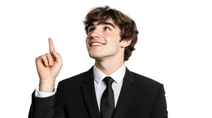 a young man wearing a black suit and tie pointing his finger up PNG image, PNG file, Generative art.
