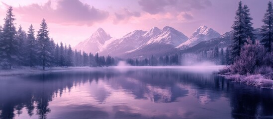 Serene Winter Landscape: Purple Hues of a Misty Mountain Lake