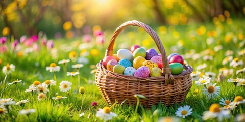 A colorful Easter basket filled with decorated eggs and candy lies on a green grassy lawn surrounded by blooming flowers, holiday decoration, blooming flowers