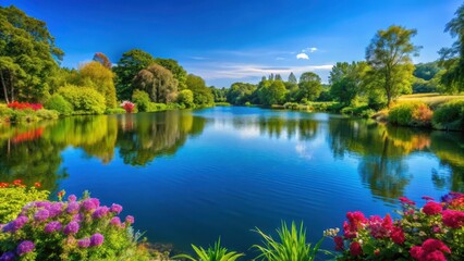 Obraz premium A tranquil lake with a clear blue sky background, surrounded by lush green trees and vibrant flowers