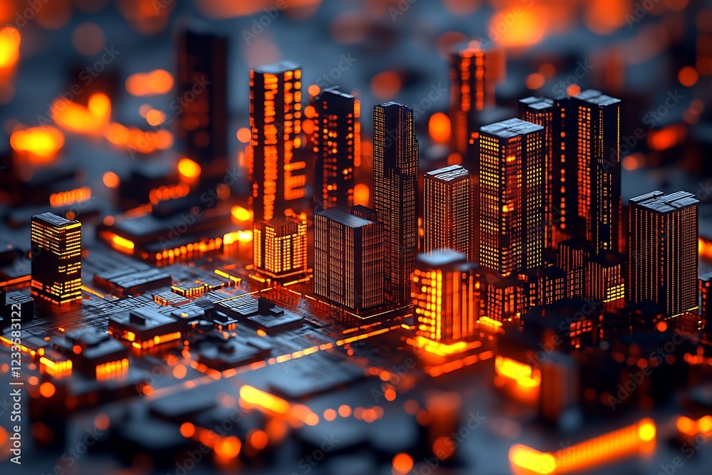 Poster digital cityscape made of microchips showcasing futuristic technology and smart urban environments :