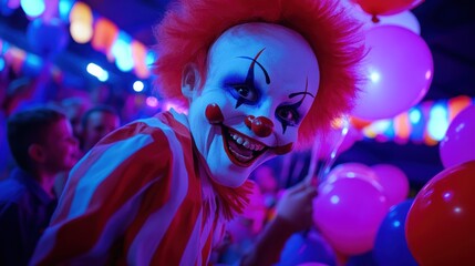Scary clown in vibrant neon lighting at a party, surrounded by balloons and blurred onlookers.