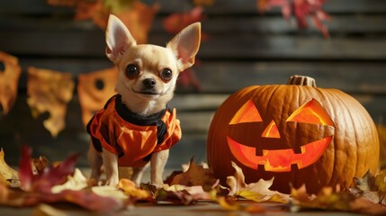 Cute Dog in Halloween Costume with Carved Pumpkin and Autumn Leaves: Perfect for Halloween Pet Content and Seasonal Celebrations, Capturing Festive Spirit and Costume Fun
