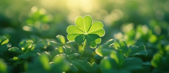 Sunlit four-leaf clover in field