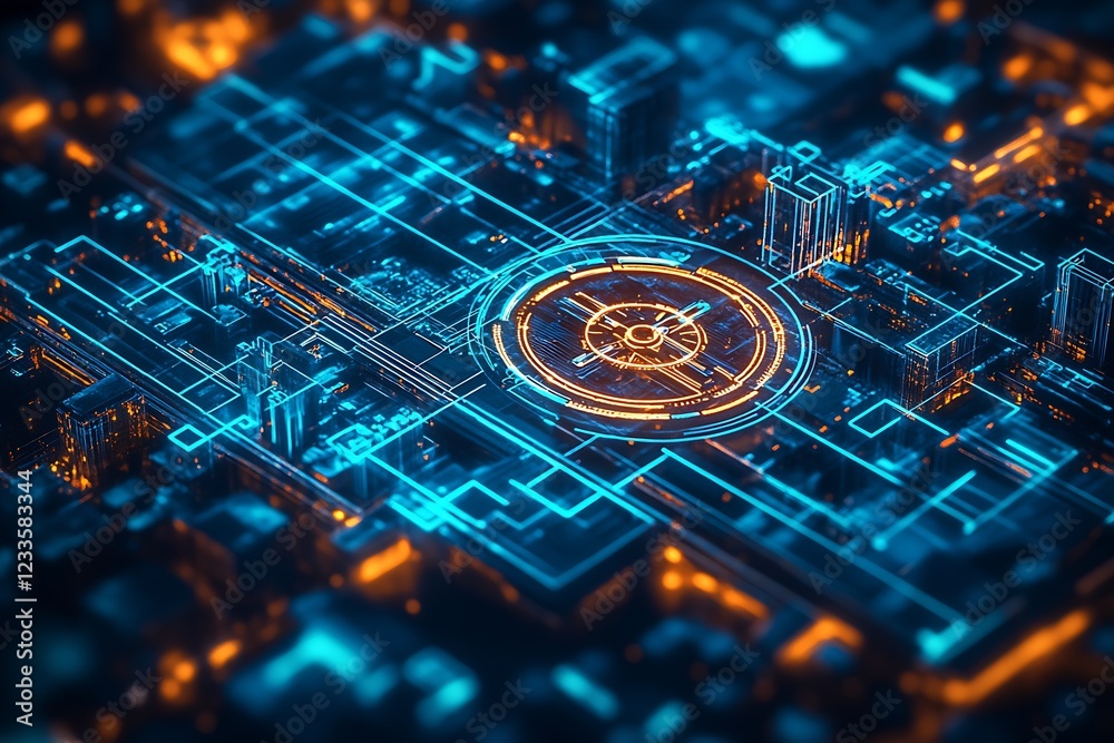 Aufkleber High-Tech Cyber Space with Circular Interface Grid System Futuristic Design : Generative AI