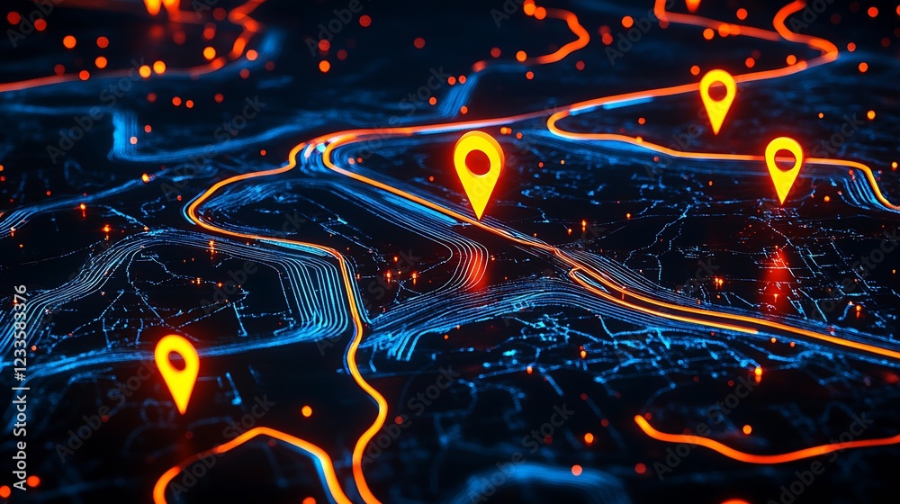 Aufkleber Digital Navigation Map with Glowing Location Pins and Neon Pathways : Generative AI