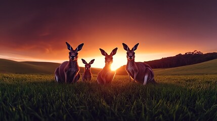 Four kangaroos sit in a grassy field during a vibrant sunset, showcasing nature's beauty
