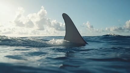 Fototapeta premium Shark Fin Emerging from Calm Ocean Waters Against Bright Sky