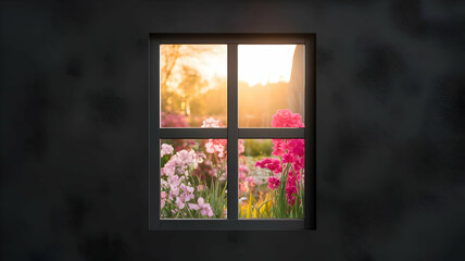 A view of a spring garden with various spring flowers in bloom through a window. The morning sunlight is dazzling, and the air is fresh and refreshing.
